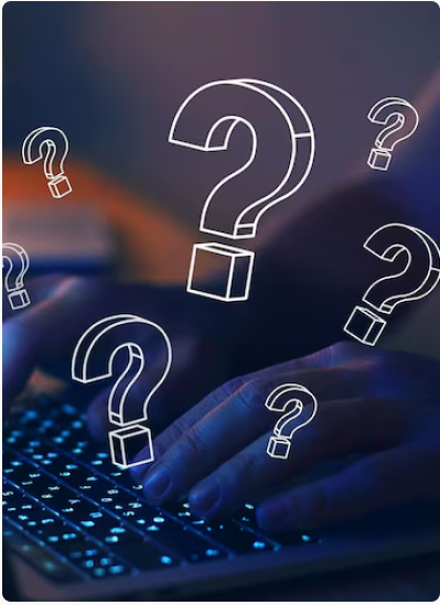 Hands typing on a glowing keyboard with question marks floating above.