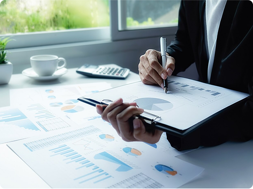 Professional reviewing documents and charts.